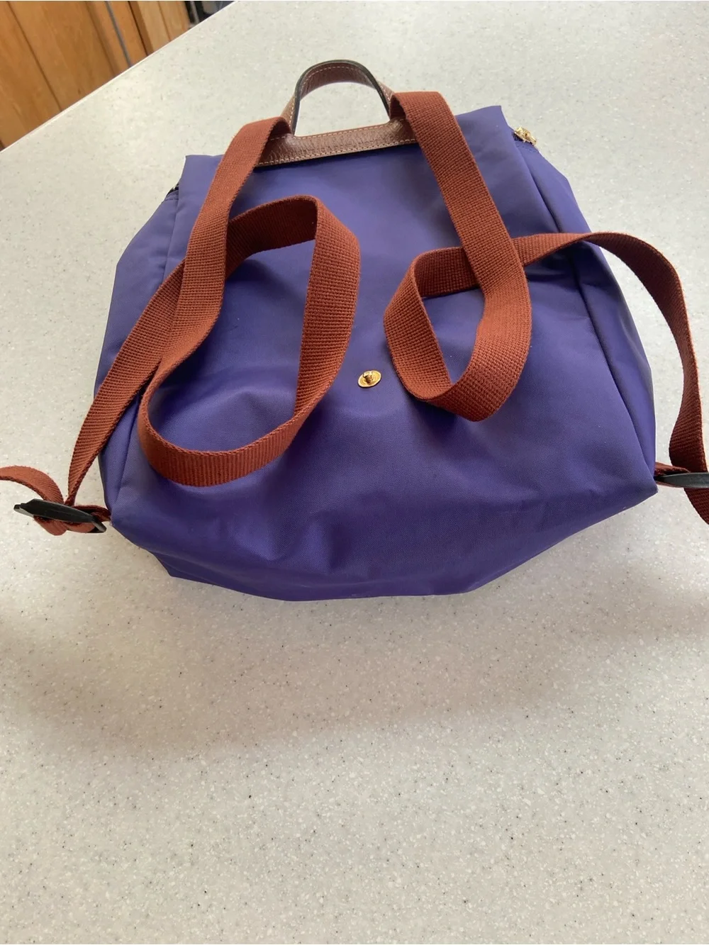 Purple Longchamp Le Pliage Lined Nylon Mini Backpack with Cognac Trim - Picture 2 of 16